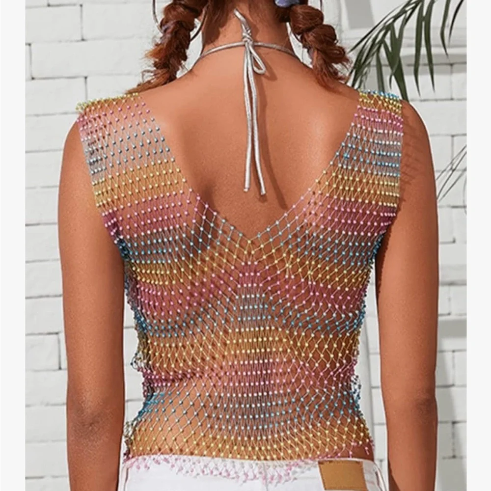 Sexy Shiny Rhinestone Rainbow 🌈Mesh Summer Crop Top Stretchy - Picture 1 of 17